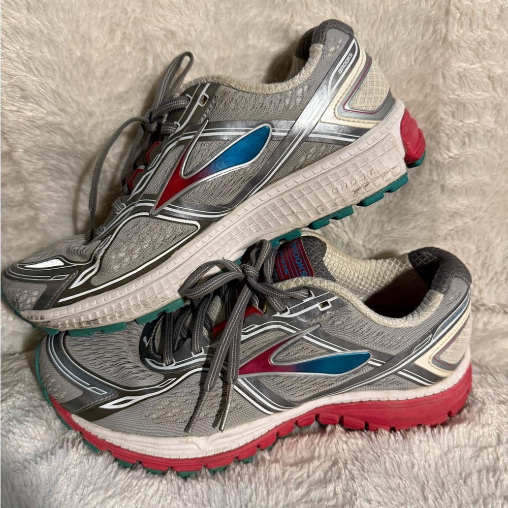 Brooks Gray and Blue Athletic Shoes with Red Accents